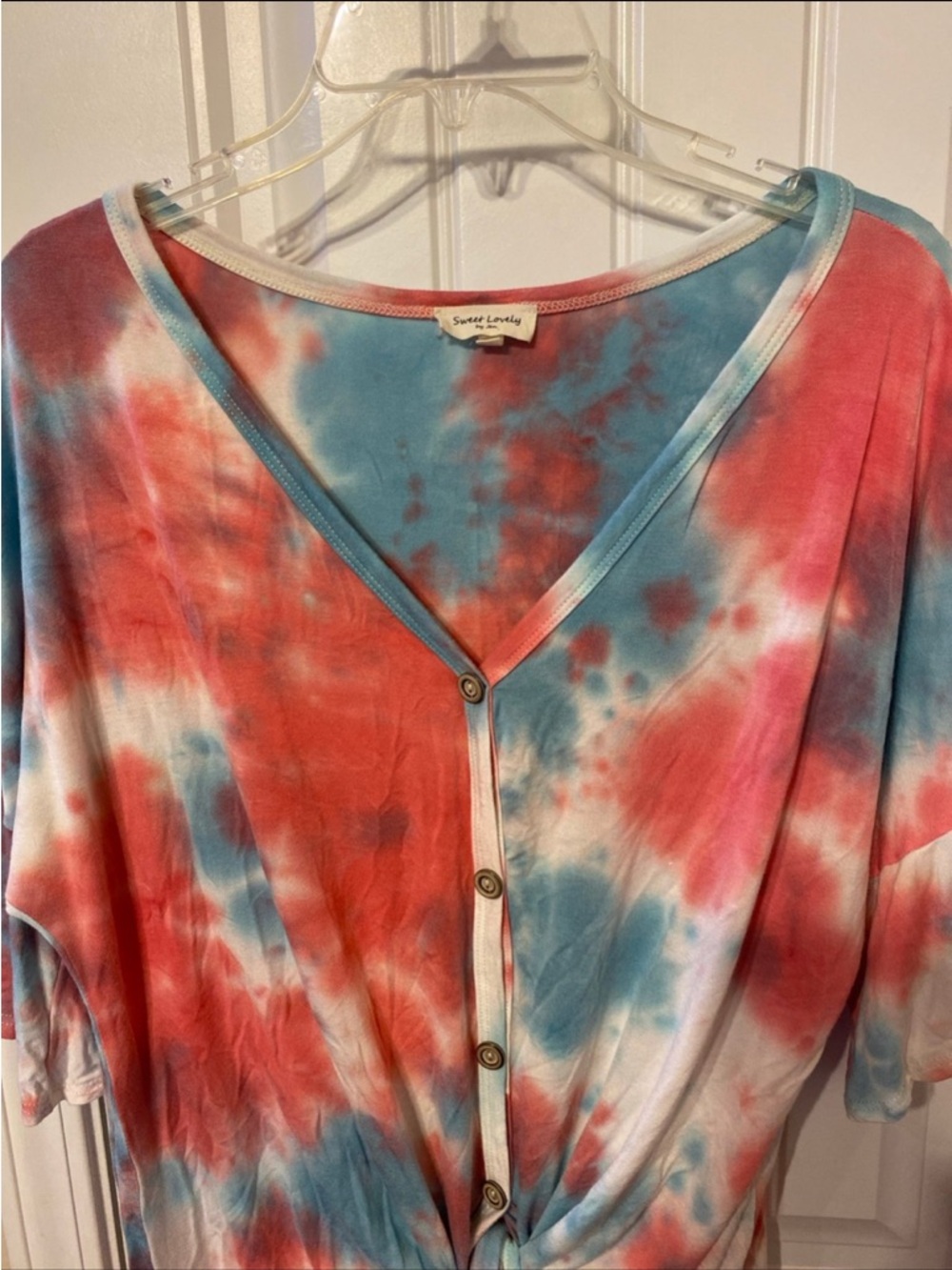 NWOT Sweet Lovely Pink & Blue Tie-Dye V-Neck Button Front Blouse XL